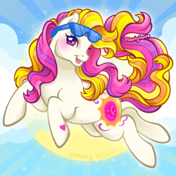 Size: 2400x2400 | Tagged: safe, artist:sparkytopia, sunny daze (g3), earth pony, pony, g3, cloud, female, heart, heart eyes, looking at you, mare, open mouth, open smile, pink eyes, signature, smiling, solo, sun, sunglasses, sunglasses on head, white coat, wingding eyes