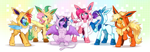 Size: 7199x2513 | Tagged: safe, artist:buvanybu, part of a set, applejack, fluttershy, pinkie pie, rainbow dash, rarity, twilight sparkle, alicorn, earth pony, espeon, flareon, glaceon, jolteon, leafeon, pegasus, pony, sylveon, unicorn, g4, clothes, concave belly, cosplay, costume, female, group photo, high res, horn, kigurumi, looking at you, mane six, mare, open mouth, open smile, pokémon, raised hoof, simple background, smiling, twilight sparkle (alicorn), white background