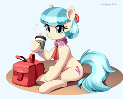 Size: 2256x1817 | Tagged: safe, artist:vinilyart, coco pommel, earth pony, pony, g4, bag, cocobetes, coffee, coffee cup, cup, cute, eye clipping through hair, eyebrows, eyebrows visible through hair, female, high res, hoof hold, looking at you, mare, saddle bag, signature, simple background, sitting, smiling, smiling at you, solo, starbucks, white background