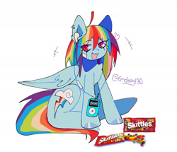Size: 1956x1683 | Tagged: safe, artist:emoboy130, rainbow dash, pony, g4, :3, ahoge, bandaid, blue hooves, candy, chest fluff, colored hooves, colored pinnae, ear fluff, ear piercing, earring, emanata, eye clipping through hair, eyebrows, eyebrows visible through hair, female, folded wings, food, ipod, ipod shuffle, jewelry, listening to music, looking away, mare, multicolored hair, multicolored mane, multicolored tail, open mouth, open smile, piercing, rainbow hair, rainbow tail, shiny hooves, signature, simple background, sitting, skittles, slit pupils, smiling, solo, tail, white background, wings