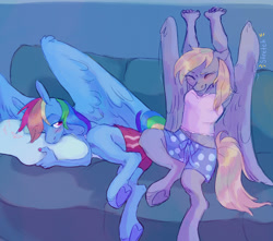 Size: 1700x1500 | Tagged: safe, artist:abbytabbys, derpy hooves, rainbow dash, pegasus, pony, anthro, unguligrade anthro, g4, blonde mane, blonde tail, blue coat, blushing, clothes, colored eyebrows, couch, duo, duo female, ears back, eye clipping through hair, eyebrows, eyebrows visible through hair, eyelashes, female, frown, gray coat, holding pillow, hoof heart, indoors, large wings, lidded eyes, looking at someone, lying down, mare, multicolored hair, multicolored mane, multicolored tail, nap, onomatopoeia, painted nails, partially open wings, pink eyes, prone, rainbow hair, rainbow tail, roommates, shiny mane, shiny tail, shorts, smiling, sports shorts, stretching, tail, tall ears, tank top, text, underhoof, wing fluff, wings