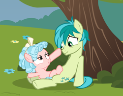 Size: 1162x906 | Tagged: safe, artist:lunaticdawn, cozy glow, sandbar, earth pony, pegasus, pony, g4, boop, colt, cute, duo, duo male and female, eye contact, female, filly, foal, grass, looking at each other, looking at someone, male, sitting, smiling, smirk, teenager, tree