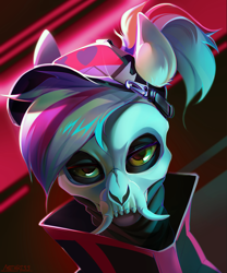 Size: 2500x3000 | Tagged: safe, artist:mithriss, oc, oc only, pegasus, pony, accessory, bandana, bust, cap, clothes, commission, female, hat, looking at you, mare, mask, ponytail, portrait, skull, skull mask, solo