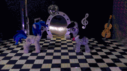 Size: 1772x1000 | Tagged: safe, alternate version, artist:malte279, part of a set, dj pon-3, octavia melody, vinyl scratch, pony, g4, animated, cello, chenille, chenille stems, chenille wire, colored lights, craft, dancing, disco ball, duo, duo female, female, musical instrument, pipe cleaner sculpture, pipe cleaners