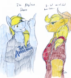 Size: 869x950 | Tagged: safe, artist:lunarlight-prism, applejack, derpy hooves, earth pony, pegasus, anthro, avatar the last airbender, clothes, dialogue, duo, female, grin, shirt, simple background, smiling, t-shirt, traditional art, white background
