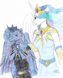 Size: 774x950 | Tagged: safe, artist:lunarlight-prism, princess celestia, princess luna, alicorn, anthro, g4, breasts, clothes, dress, female, hair over one eye, royal sisters, siblings, simple background, sisters, traditional art, white background