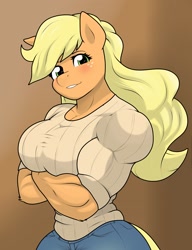 Size: 1733x2252 | Tagged: safe, artist:matchstickman, applejack, earth pony, anthro, g4, alternate hairstyle, applejacked, biceps, blushing, breasts, busty applejack, clothes, crossed arms, female, looking at you, loose hair, mare, muscles, muscular female, solo, sweater