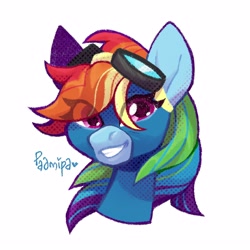 Size: 2500x2500 | Tagged: safe, artist:radmira_lamp, rainbow dash, pegasus, pony, g4, bust, eye clipping through hair, female, goggles, grin, simple background, smiling, solo, white background