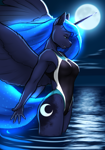 Size: 2800x4000 | Tagged: safe, artist:mykegreywolf, princess luna, alicorn, anthro, g4, 2d, blue eyes, blue mane, blue tail, breasts, clothes, cloud, crepuscular rays, ethereal mane, ethereal tail, feather, female, flowing mane, flowing tail, gradient mane, horn, lidded eyes, looking down, moon, moonlight, night, ocean, one-piece swimsuit, outdoors, partially submerged, sky, sleeveless, solo, spread arms, spread wings, starry mane, starry tail, swimsuit, tail, water, wings