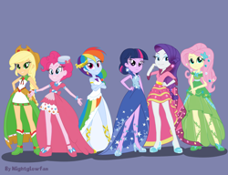 Size: 3058x2350 | Tagged: safe, artist:nightglowfan, applejack, fluttershy, pinkie pie, rainbow dash, rarity, twilight sparkle, human, equestria girls, g4, the best night ever, clothes, dress, equestria girls-ified, gala dress, hand on hip, high res, mane six, purple background, simple background, slender, thin