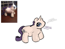 Size: 2160x1620 | Tagged: safe, artist:felixmcfurry, rarity, original species, plush pony, unicorn, g4, bootleg, cursed image, darling, deformed, female, horn, plushie, redraw, round ears, simple background, solo, stitches, toy interpretation, transparent background, wat