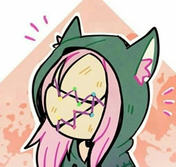 Size: 563x536 | Tagged: artist needed, safe, fluttershy, pegasus, g4, abstract background, chibi, clothes, crossover, cute, dead by daylight, ears, female, hood, hoodie, mare, mask, solo, the legion