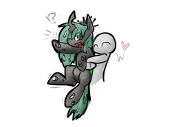 Size: 1253x925 | Tagged: safe, artist:zutcha, queen chrysalis, changeling, changeling queen, human, g4, ^^, duo, exclamation point, eyes closed, female, holding a changeling, hug, interrobang, open mouth, pictogram, question mark, raised hoof, simple background, white background