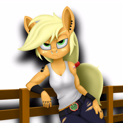 Size: 3200x3200 | Tagged: safe, artist:leddaq, applejack, earth pony, anthro, g4, belt, clothes, denim, ear piercing, female, fence, freckles, jeans, lidded eyes, looking at you, nose piercing, pants, piercing, simple background, solo, tattoo, white background