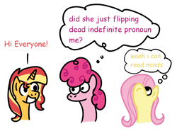 Size: 1946x1442 | Tagged: safe, artist:zoeyhorse, fluttershy, pinkie pie, sunset shimmer, earth pony, pegasus, pony, unicorn, g4, bust, dialogue, female, horn, looking up, mare, open mouth, open smile, simple background, smiling, telepathy, thought bubble, trio, trio female, white background