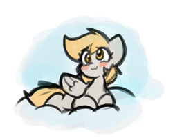 Size: 939x751 | Tagged: safe, artist:zutcha, derpy hooves, pegasus, pony, blush sticker, blushing, cloud, cute, derpabetes, female, lying down, lying on a cloud, mare, on a cloud, prone, sketch, smiling, solo