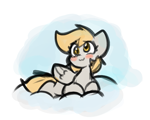 Size: 939x751 | Tagged: safe, artist:zutcha, derpy hooves, pegasus, pony, g4, :3, blush sticker, blushing, cloud, cute, derpabetes, female, lying down, lying on a cloud, mare, on a cloud, prone, sketch, smiling, solo
