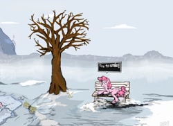 Size: 901x657 | Tagged: artist needed, source needed, safe, pinkie pie, pony, game:element of justice, g4, bench, dead tree, element of justice, female, hay, ice, mare, snow, tree, winter