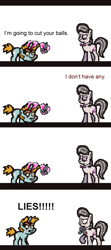 Size: 1200x2700 | Tagged: safe, artist:softlava, octavia melody, snips, earth pony, pony, unicorn, element of justice, blood, colt, comic, female, foal, horn, injured, levitation, magic, male, mare, scissors, stabbing, telekinesis, unamused