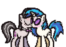 Size: 530x382 | Tagged: safe, artist:softlava, dj pon-3, octavia melody, vinyl scratch, pony, unicorn, game:element of justice, g4, blushing, bowtie, duo, duo female, element of justice, female, horn, kiss on the lips, kissing, lesbian, mare, ship:scratchtavia, shipping, simple background, white background