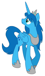 Size: 1180x1953 | Tagged: safe, artist:alicornparty, oc, oc only, oc:sapphire rain, alicorn, pony, spoiler:fanfic, alicorn oc, blue coat, colored, commission, commissioner:strifepower, concave belly, crown, female, folded wings, frown, hoof shoes, horn, jewelry, looking up, mare, peytral, princess shoes, raised hoof, regalia, show accurate, simple background, slender, solo, tall, thin, transparent background, turned head, wings