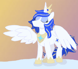 Size: 1800x1600 | Tagged: safe, artist:silverfishv9, oc, oc only, oc:azure star (silverfishv9), alicorn, alicorn oc, blue eyes, blue mane, clothes, crown, female, gradient background, highlights, horn, jewelry, mare, peytral, regalia, shoes, solo, wings