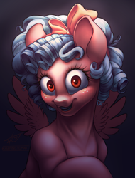 Size: 2219x2919 | Tagged: safe, artist:peepingtom, cozy glow, pegasus, pony, g4, bow, bust, curly hair, female, filly, foal, hair bow, portrait, wide eyes