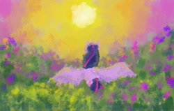Size: 1280x816 | Tagged: safe, artist:sleepybooocharlie, twilight sparkle, alicorn, pony, g4, facing away, flower, flower field, looking up, painterly, solo, spread wings, sun, twilight sparkle (alicorn), wings