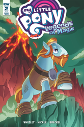 Size: 2063x3131 | Tagged: safe, artist:zachary sterling, idw, official comic, rockhoof, earth pony, pony, g4, legends of magic #2, my little pony: legends of magic, clothes, comic cover, cover, cover art, eruption, lava, male, my little pony logo, outdoors, raised hoof, signature, solo, stallion, tail, unshorn fetlocks, variant cover