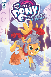 Size: 2063x3131 | Tagged: safe, artist:zachary sterling, idw, official comic, flash magnus, pegasus, pony, g4, legends of magic #4, my little pony: legends of magic, angry, armor, cloud, comic cover, cover, cover art, flying, gritted teeth, lightning, male, my little pony logo, shield, signature, spread wings, stallion, tail, teeth, wings