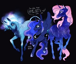 Size: 2751x2305 | Tagged: safe, artist:peachmichea, princess luna, alicorn, classical unicorn, horse, pony, unicorn, cloven hooves, crossover, ethereal mane, female, galaxy mane, height difference, horn, leonine tail, looking at each other, looking at someone, mare, mia and me, smiling, smiling at each other, spread wings, starry body, starry mane, trio, wings