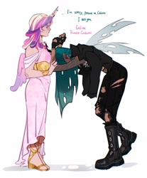 Size: 1791x2160 | Tagged: safe, artist:peachmichea, princess cadance, queen chrysalis, human, g4, bent over, boots, cadence misspelling, clothes, dialogue, dress, duo, duo female, female, height difference, horn, horned humanization, humanized, infidelity, lesbian, light skin, misspelling, pants, ripped pants, ship:cadalis, shipping, shoes, simple background, tan skin, torn clothes, white background, winged humanization, wings