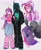 Size: 1762x2160 | Tagged: safe, artist:peachmichea, princess cadance, queen chrysalis, human, g4, arm in arm, belly button, belly piercing, blush lines, blushing, breasts, clothes, crying, denim, duo, duo female, female, gray background, hand on chin, horn, horned humanization, humanized, infidelity, jacket, jeans, leather, leather jacket, leg warmers, lesbian, midriff, open mouth, pants, petrification, piercing, pony coloring, ship:cadalis, shipping, simple background, winged humanization, wings