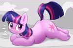 Size: 3961x2632 | Tagged: safe, artist:pabbley, twilight sparkle, pony, unicorn, g4, ass up, burger, butt, chubby, chubby twilight, cute, dock, emanata, female, food, frog (hoof), high res, looking at you, looking back, lying down, mare, plot, prone, solo, sploot, tail, that pony sure does love burgers, the ass was fat, twiabetes, twibutt, twilight burgkle, underhoof, unicorn twilight
