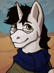 Size: 1040x1400 | Tagged: safe, artist:bunnyshrubby, oc, oc only, oc:page turner, unicorn, equestria at war mod, bust, clothes, glasses, horn, portrait, scarf, solo, unicorn oc
