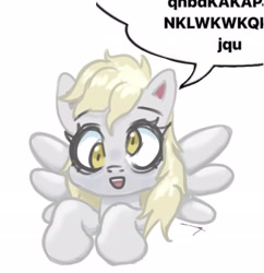 Size: 2419x2498 | Tagged: safe, derpy hooves, pony, unicorn, blonde, blonde hair, blonde mane, gray body, horn, simple background, solo, text, white background, yellow eyes