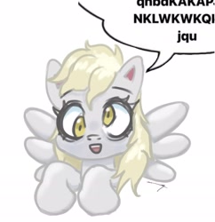 Size: 2419x2498 | Tagged: safe, artist:tuskonline, derpy hooves, pony, unicorn, g4, blonde, blonde hair, blonde mane, gray body, horn, simple background, solo, text, white background, yellow eyes