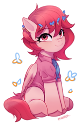 Size: 1570x2354 | Tagged: safe, artist:maren, oc, oc only, oc:metaru scarlet, pegasus, pony, clothes, commission, female, looking at you, pegasus oc, shirt, simple background, sitting, smiling, smiling at you, solo, unshorn fetlocks, white background