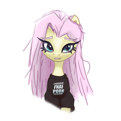 Size: 3000x3000 | Tagged: safe, artist:tuskonline, fluttershy, pony, unicorn, blue eyes, clothes, female, horn, pink hair, pink mane, shirt, simple background, solo, solo female, white background, yellow body