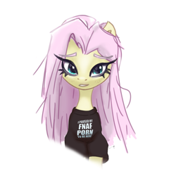 Size: 3000x3000 | Tagged: safe, artist:tuskonline, fluttershy, pony, unicorn, g4, blue eyes, clothes, female, horn, pink hair, pink mane, shirt, simple background, solo, white background, yellow body