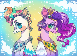 Size: 480x350 | Tagged: safe, artist:suippumato, pipp petals, zipp storm, pegasus, pony, g5, blush sticker, blushing, bust, digital art, duo, duo female, female, lidded eyes, looking at you, mare, peytral, pixel art, profile, royal sisters (g5), siblings, sisters, smiling, smiling at you