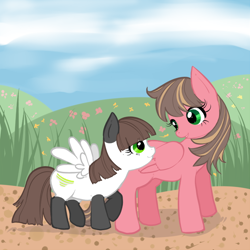 Size: 720x720 | Tagged: safe, artist:zanthu, oc, oc only, pegasus, pony, colored hooves, duo, female, looking at each other, looking at someone, mare, path, smiling