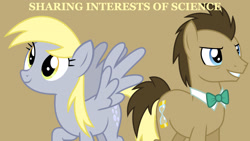 Size: 1920x1080 | Tagged: safe, artist:sketchmcreations, edit, editor:jaredking779, derpy hooves, doctor whooves, time turner, earth pony, pony, g4, background pony, bowtie, brown background, duo, female, male, mare, simple background, stallion