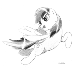 Size: 4059x3749 | Tagged: safe, artist:mizhisha, rainbow dash, pony, g4, flying, pencil drawing, signature, simple background, solo, traditional art