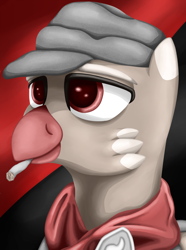 Size: 756x1016 | Tagged: safe, artist:cofido, oc, oc only, oc:hendrik rosebeak, griffon, equestria at war mod, bust, cigarette, clothes, griffon oc, hat, portrait, solo