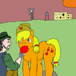 Size: 450x450 | Tagged: safe, artist:disco_ninja, applejack, earth pony, human, pony, g4, 1000 hours in ms paint, apple, duo, duo male and female, feeding, female, food, john marston, male, mare, windmill