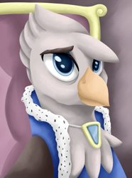 Size: 756x1016 | Tagged: safe, artist:cofido, oc, oc only, oc:queen maximilliana, griffon, equestria at war mod, bust, clothes, griffon oc, jewelry, necklace, portrait, solo, throne