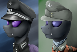 Size: 1872x1255 | Tagged: safe, artist:richmay, oc, oc only, oc:ovix mantid, oc:vespad lus, changeling, equestria at war mod, bust, cap, changeling oc, clothes, fangs, hat, military uniform, portrait, uniform