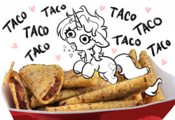 Size: 1816x1244 | Tagged: safe, artist:opalacorn, oc, oc only, pony, unicorn, floppy ears, food, heart, horn, meat, open mouth, ponies eating meat, ponies in food, simple background, solo, taco, taquitos, tiny, tiny ponies, white background