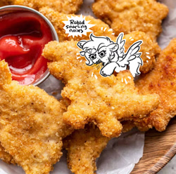 Size: 1600x1590 | Tagged: safe, artist:opalacorn, oc, oc only, pegasus, pony, chicken meat, chicken nugget, commission, dialogue, dino nuggies, eating, emanata, food, irl, ketchup vein, meat, photo, ponies eating meat, ponies in food, ponies in real life, solo, speech bubble, spread wings, tiny, tiny ponies, unshorn fetlocks, vein bulge, wings